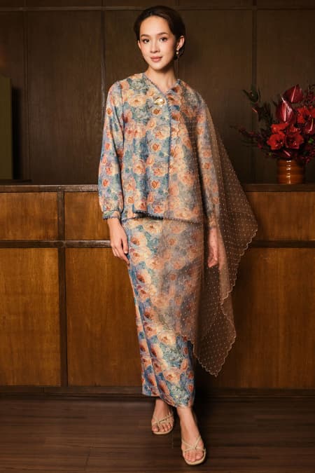 Megah Blouse & Skirt - Grey/Teal