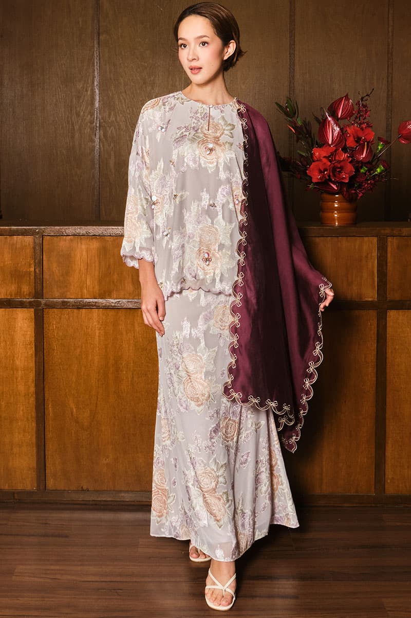 Gemalai Blouse & Skirt - Grey/Purple Floral - Image 1