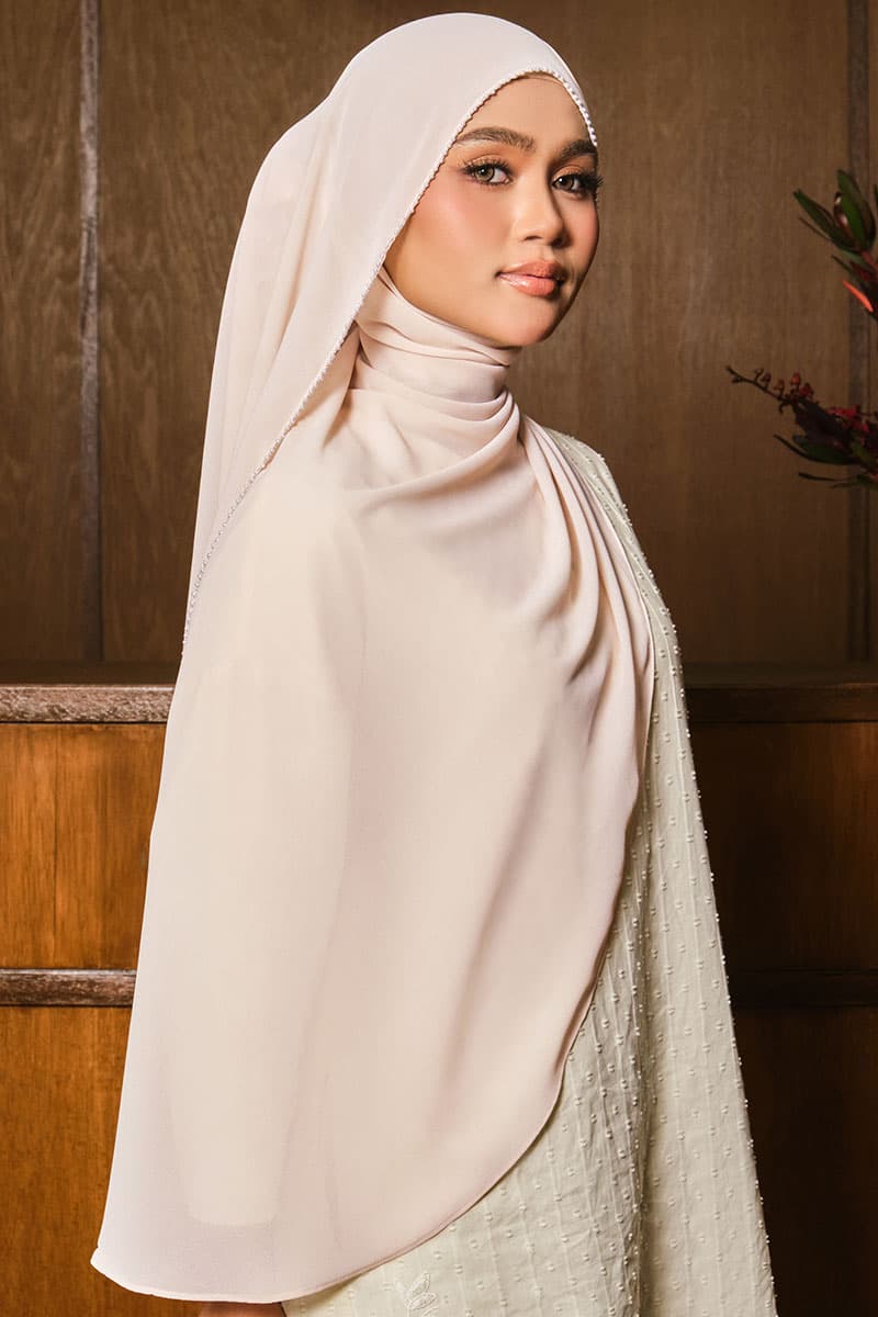 Runeeta Beaded Chiffon Headscarf - Oatmilk - Image 2