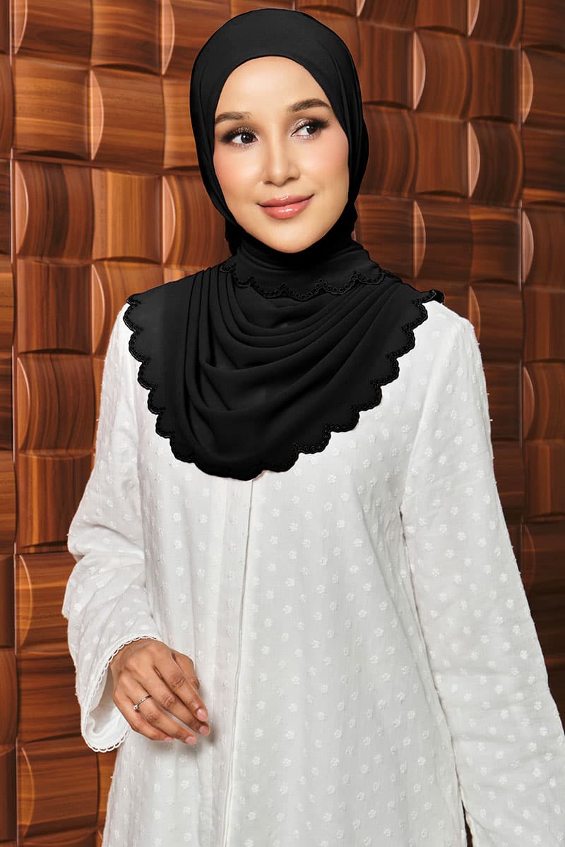 Danira Embroidered Scallop Headscarf - Black - Image 1