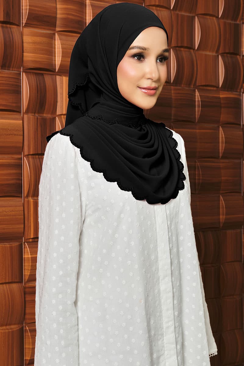 Danira Embroidered Scallop Headscarf - Black - Image 2