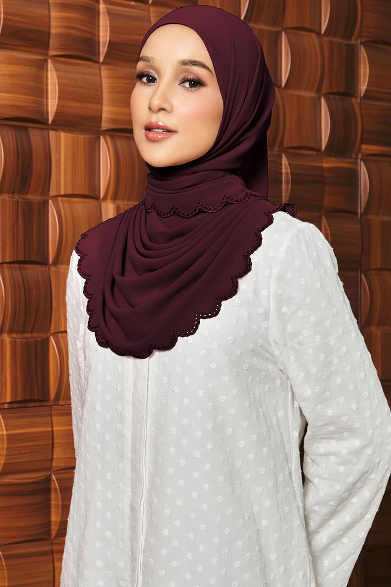 Danira Embroidered Scallop Headscarf - Deep Rosewood - Image 2