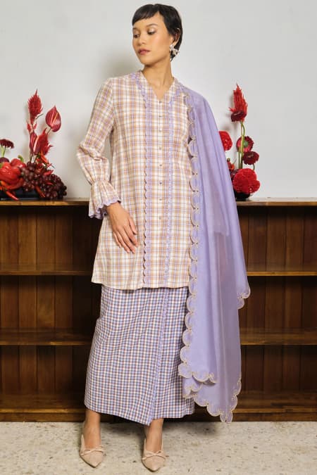 COTTON Gendhis Blouse & Skirt - Coffee/Purple Plaid