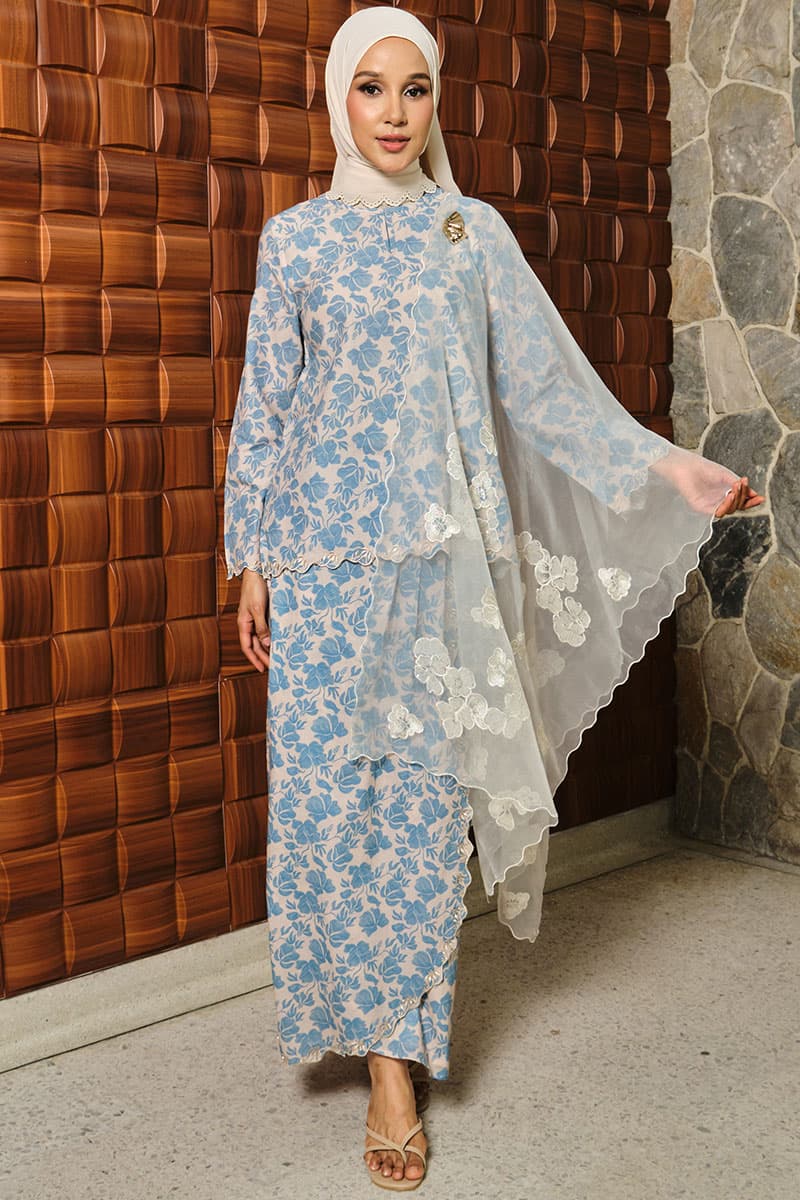 COTTON Dewani Blouse & Skirt - Beige/Blue - Image 1