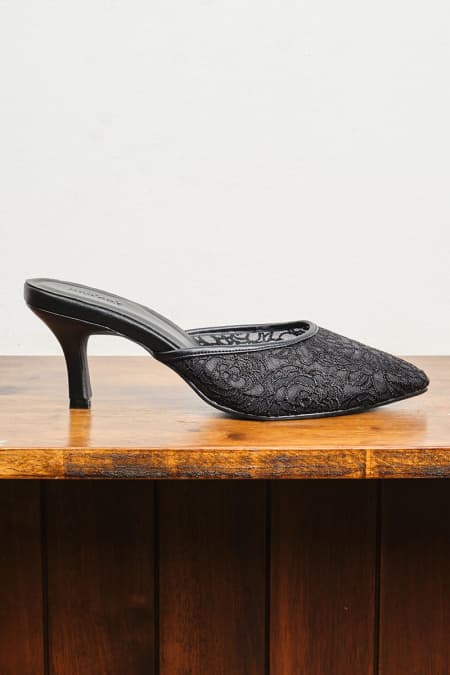 Maheen Embroidered Mule Heels - Black Floral