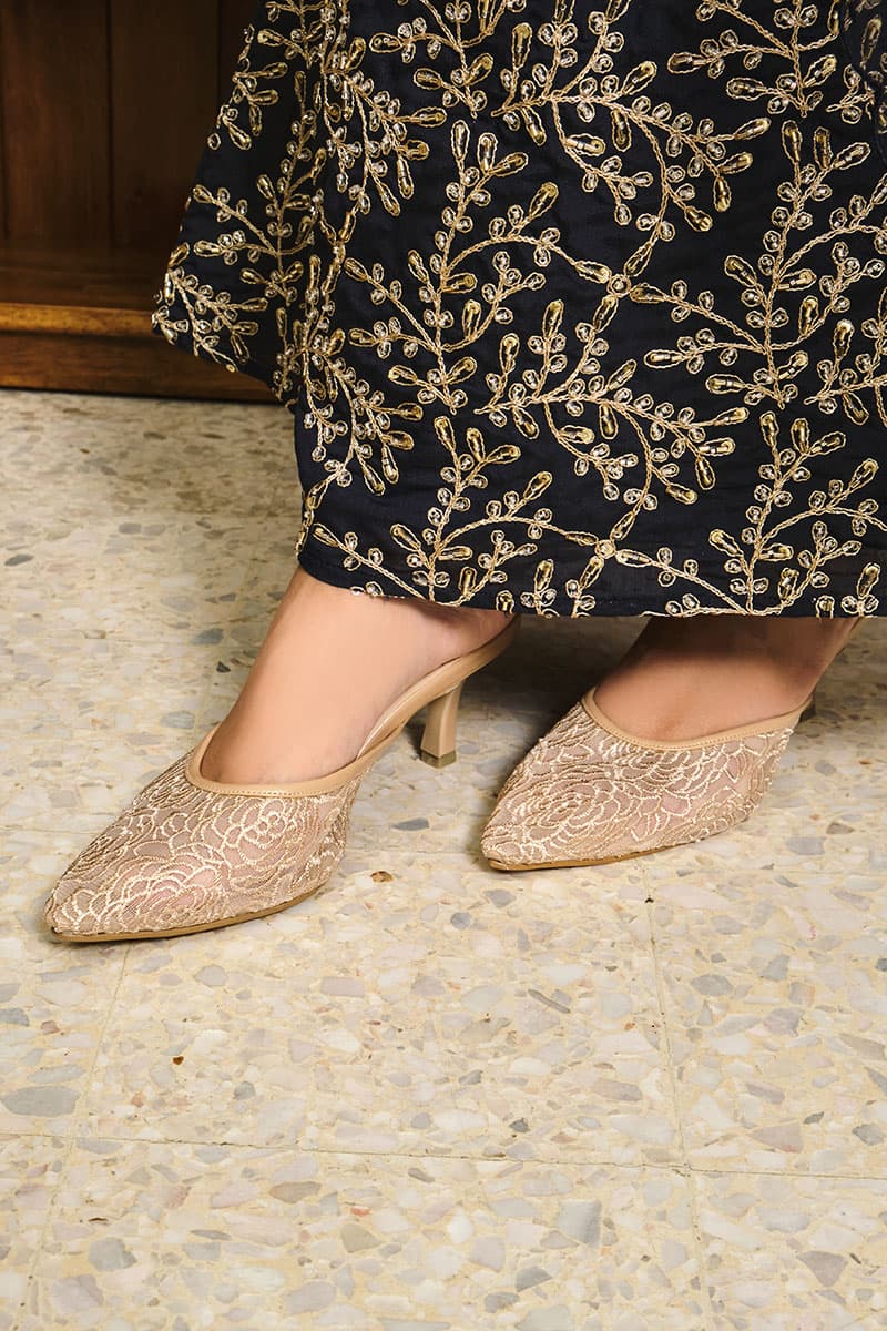 Maheen Embroidered Mule Heels - Nude Floral - Image 3