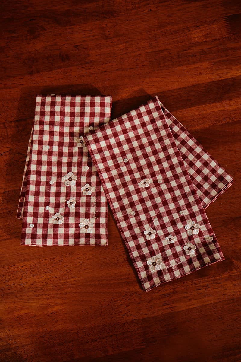 Orson Embroidered Napkin Set - Maroon Check - Image 1