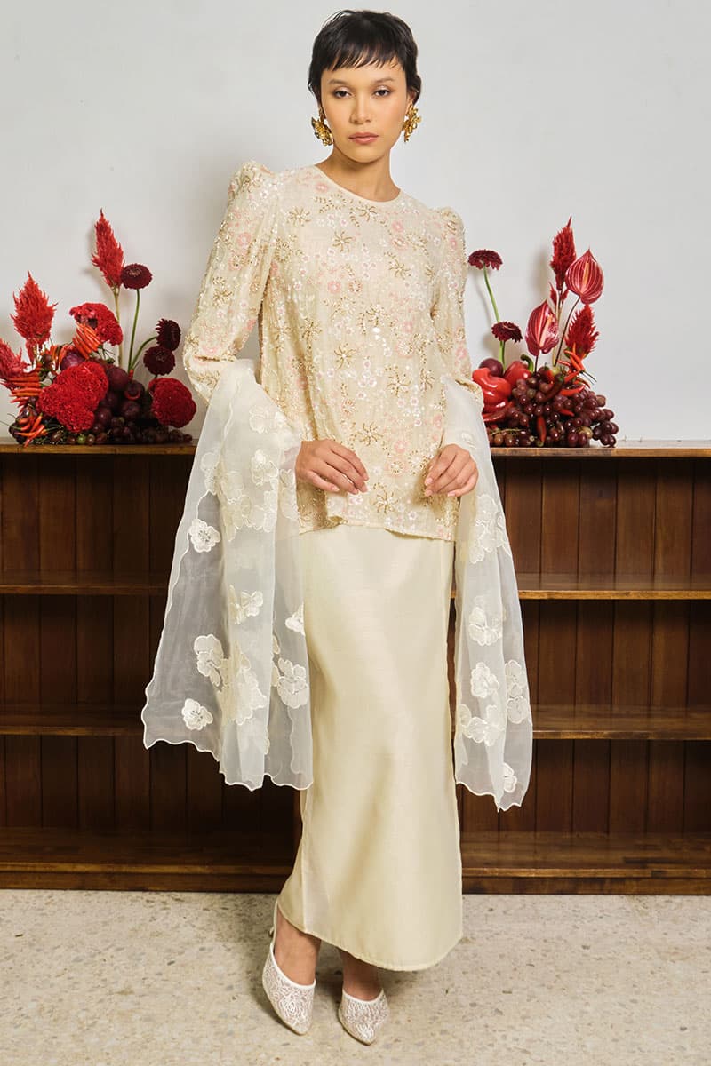 COTTON Qasurinda Blouse & Skirt - Champagne - Image 1
