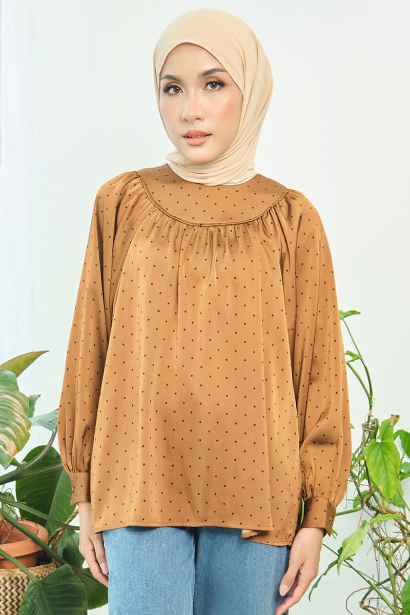 Bradley Flared Blouse - Brown Polka - Image 1