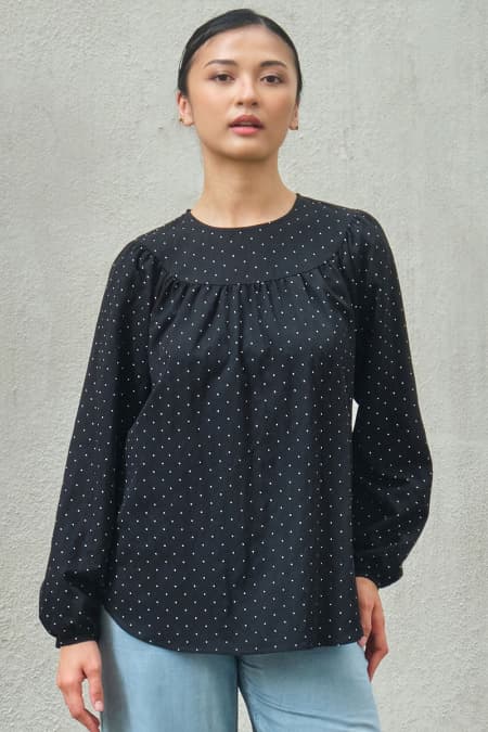 Valley Raglan Sleeve Blouse - Black Polka