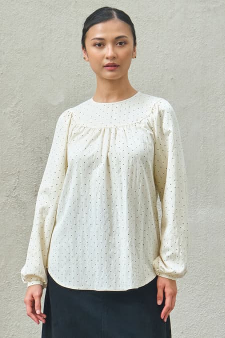 Valley Raglan Sleeve Blouse - Cream Polka