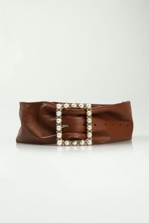 Square Pearl Buckle Leather Belt - Brown