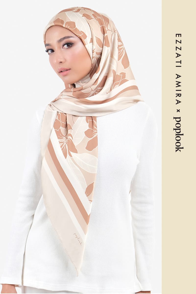 Diligence Square Satin Headscarf - Beige Abstract Bloom - Image 1