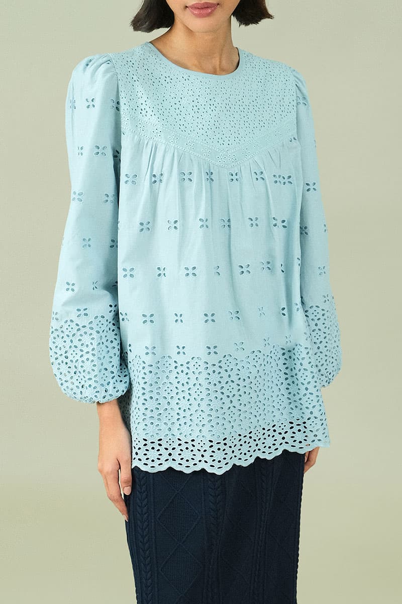 Bristol Embroidered Eyelet Blouse - Sky Blue - Image 1