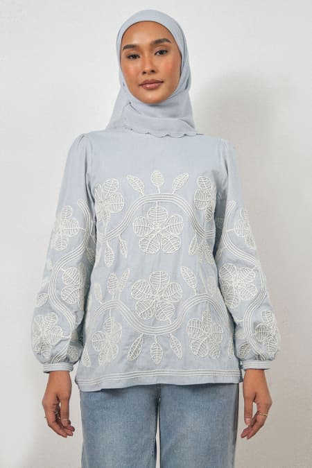 Bronwyn Puff Shoulder Blouse - Soft Blue
