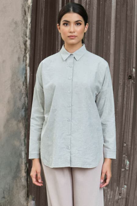 Rida Embroidered Front Button Shirt 2.0 - Ice Blue