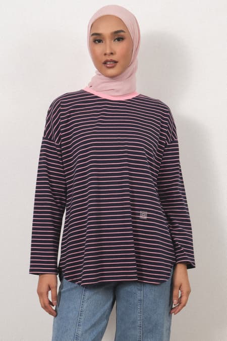College Drop Shoulder Stripe Tee - Navy/Pink Stripe