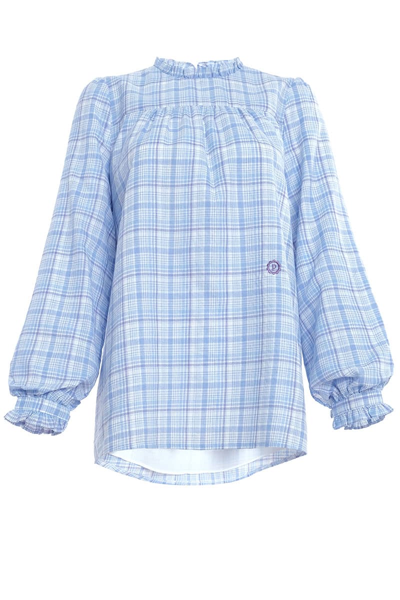 Sydney Puff Shoulder Blouse - Blue Check - Image 2