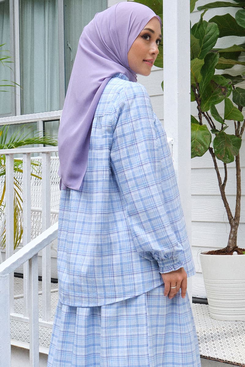 Sydney Puff Shoulder Blouse - Blue Check - Image 4