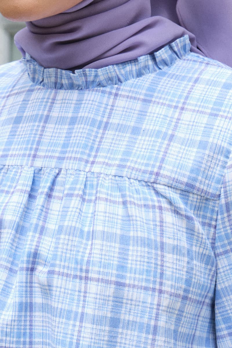 Sydney Puff Shoulder Blouse - Blue Check - Image 5