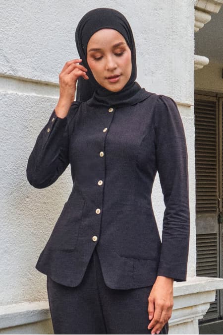 Saddle Front Button Blouse - Black