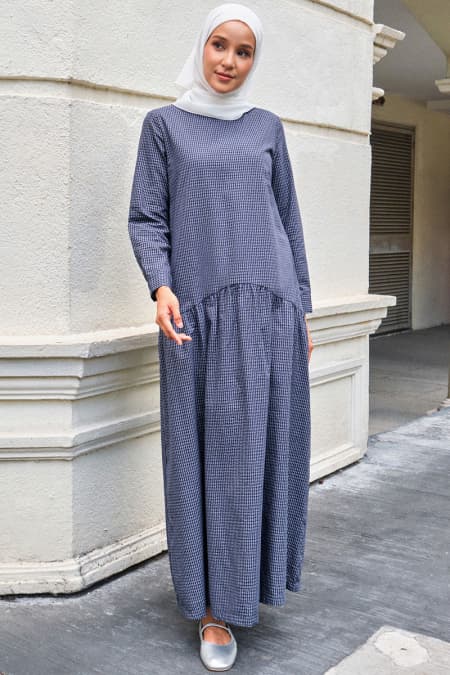 Glacier Gathered Dress - Navy Check