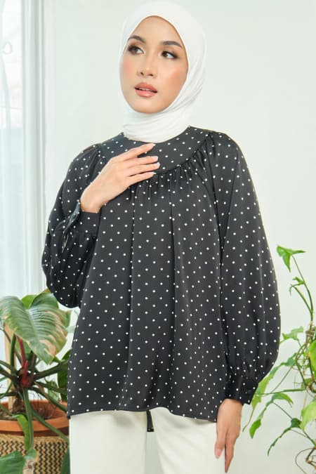 Bradley Flared Blouse - Black Polka