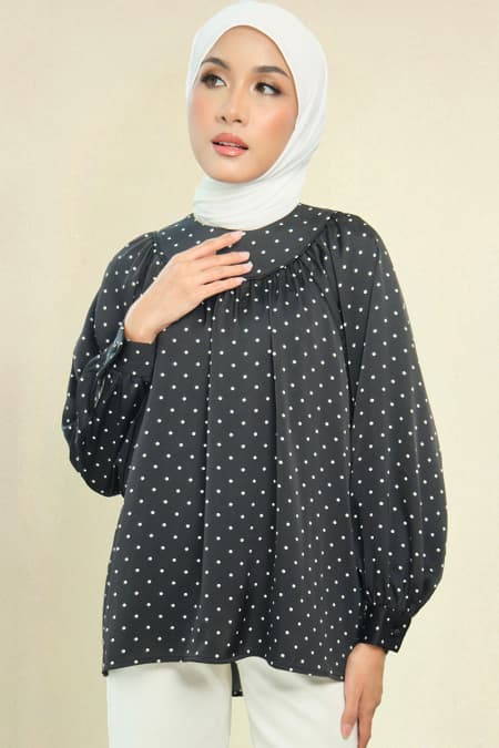 Bradley Flared Blouse - Black Polka