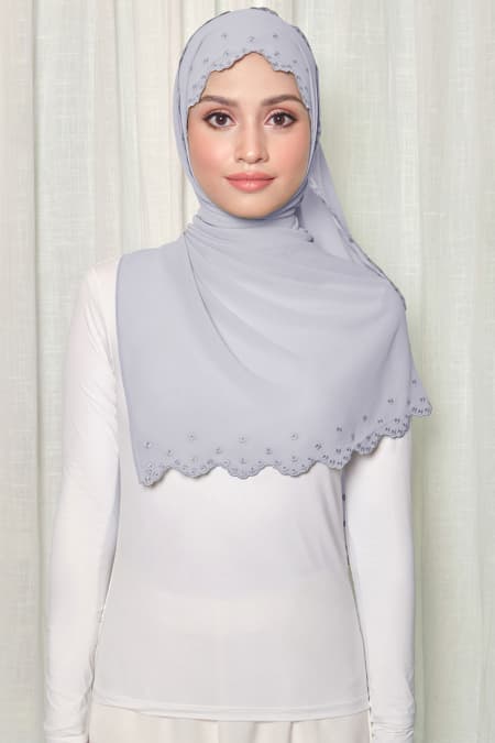 Aleandra Embroidered Scallop Headscarf - Light Grey