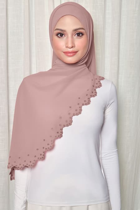 Aleandra Embroidered Scallop Headscarf - Brown Beige