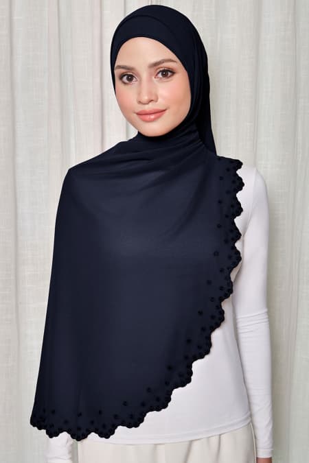 Aleandra Embroidered Scallop Headscarf - Graphite Blue