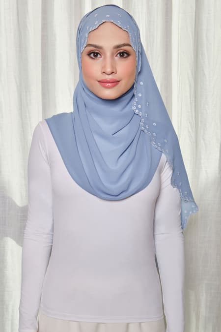 Aleandra Embroidered Scallop Headscarf - Blue Bell/White