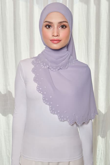 Aleandra Embroidered Scallop Headscarf - Dusty Lilac/White