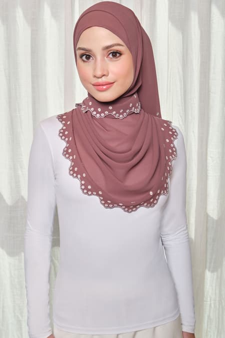 Aleandra Embroidered Scallop Headscarf - Dusty Cedar/White