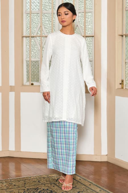 COTTON Zhamra Blouse & Skirt - White/Mint/Purple Plaid