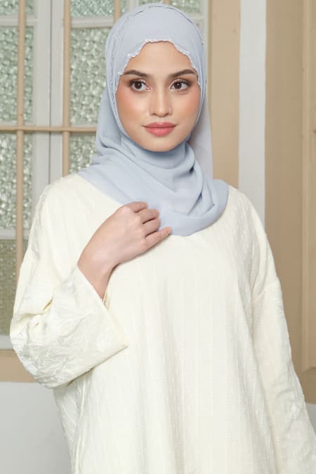 Lilita Embroidered Scallop Headscarf - Ash Blue