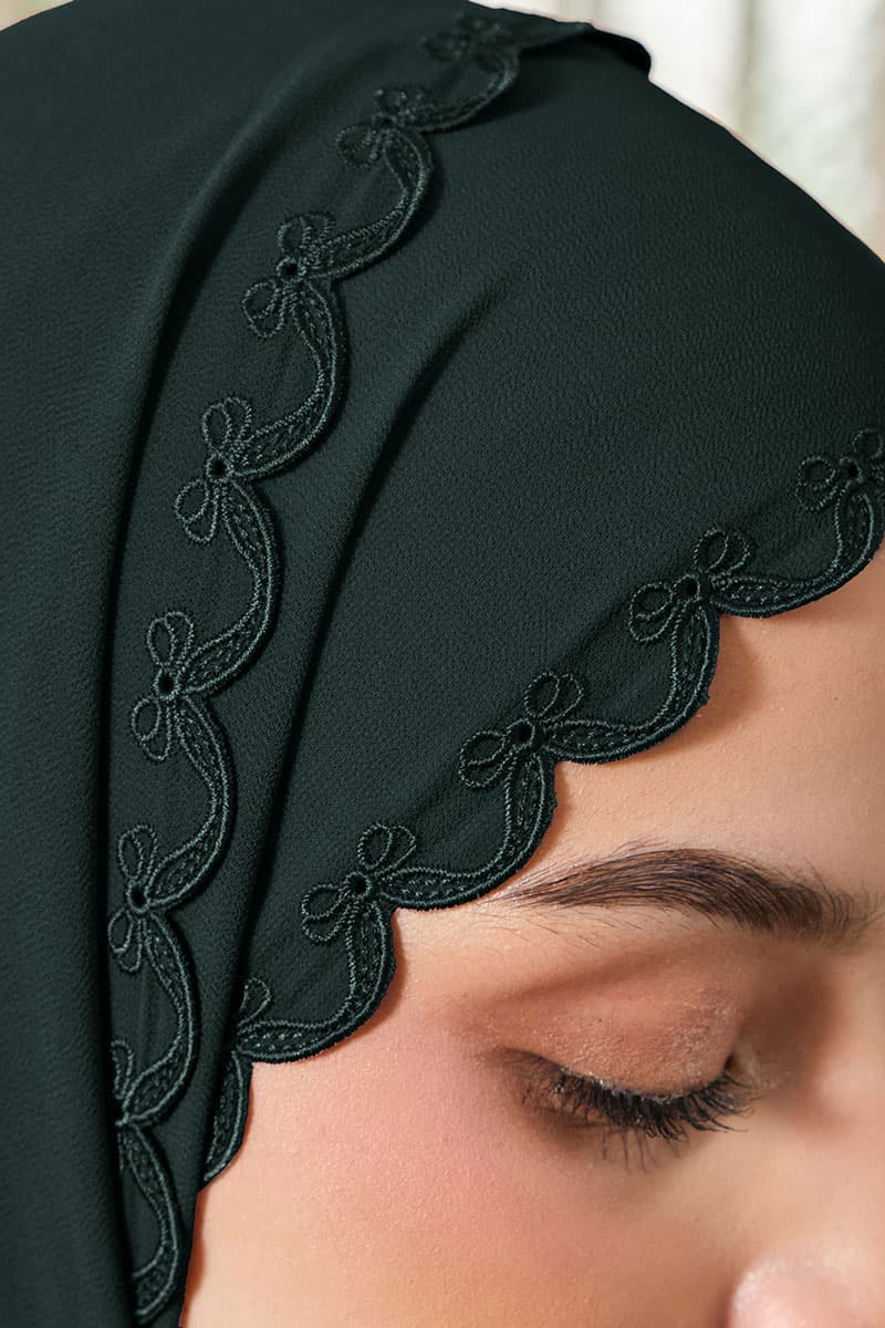 Kalyani Embroidered Scallop Headscarf - Forest Green - Image 3