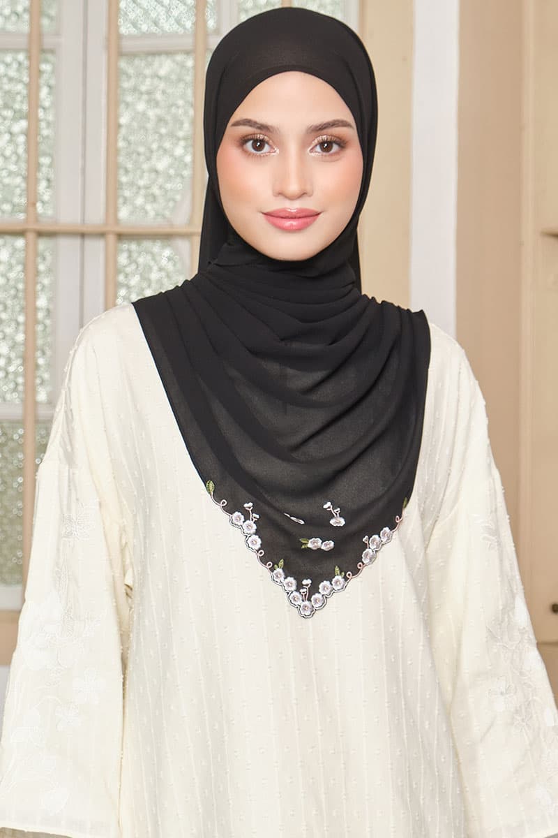 Thalya Embroidered Chiffon Headscarf - Black - Image 1