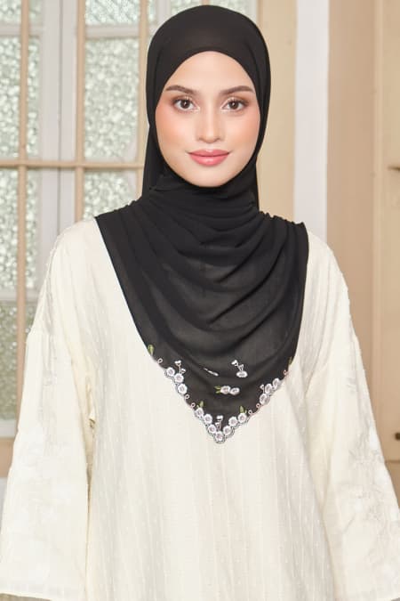 Thalya Embroidered Chiffon Headscarf - Black