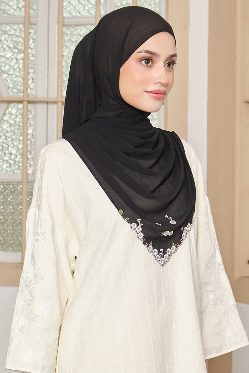 Thalya Embroidered Chiffon Headscarf - Black - Image 2