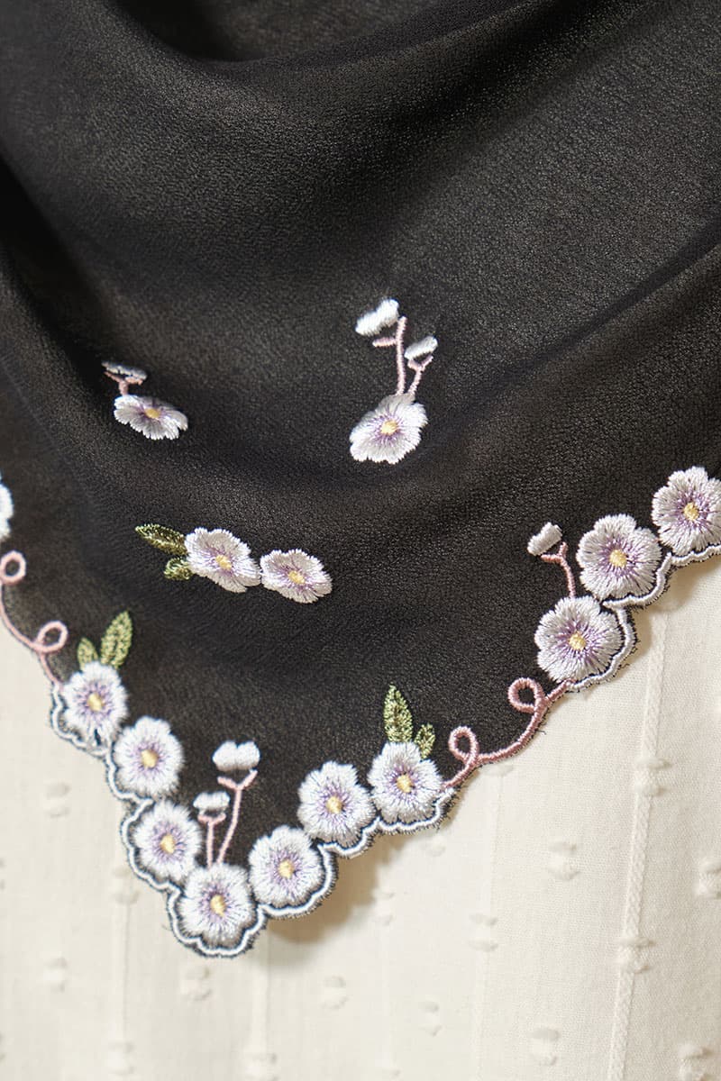 Thalya Embroidered Chiffon Headscarf - Black - Image 3