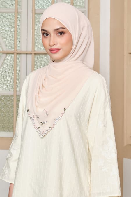 Thalya Embroidered Chiffon Headscarf - Oatmilk
