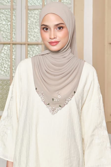 Thalya Embroidered Chiffon Headscarf - Pale Oak