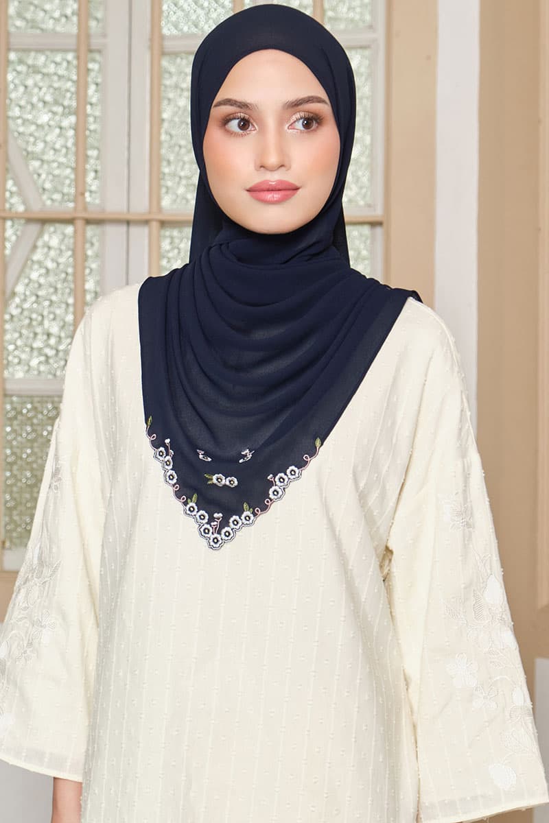 Thalya Embroidered Chiffon Headscarf - Graphite Blue - Image 1