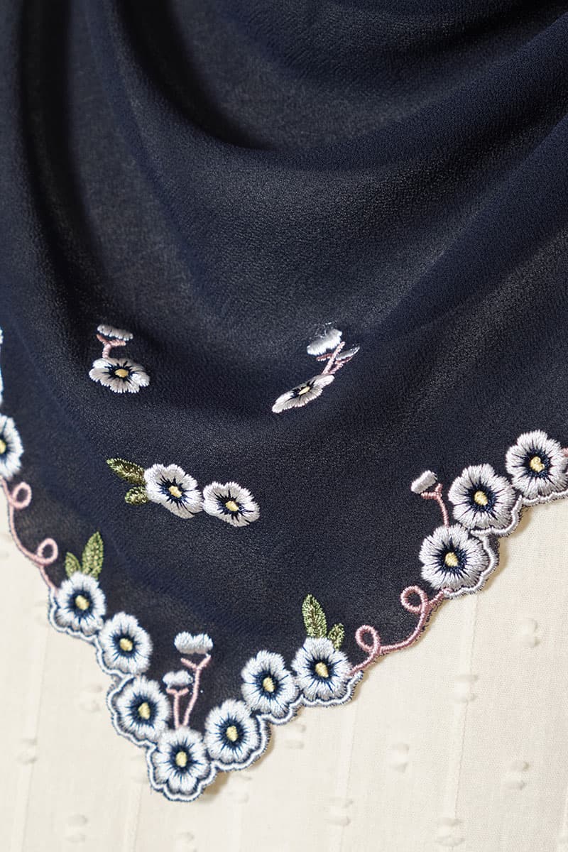 Thalya Embroidered Chiffon Headscarf - Graphite Blue - Image 3