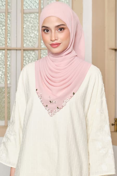 Thalya Embroidered Chiffon Headscarf - Primrose Pink