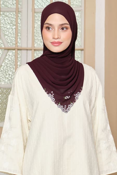 Thalya Embroidered Chiffon Headscarf - Deep Plum