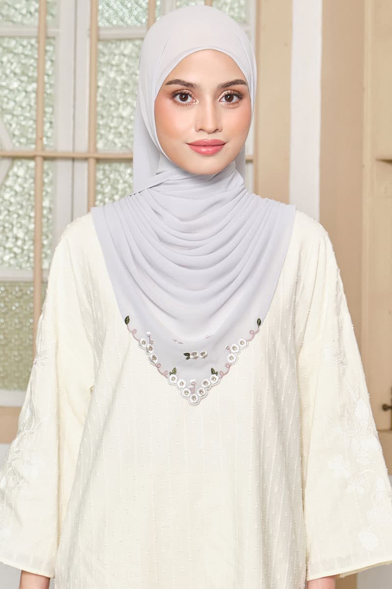 Thalya Embroidered Chiffon Headscarf - Light Grey - Image 1