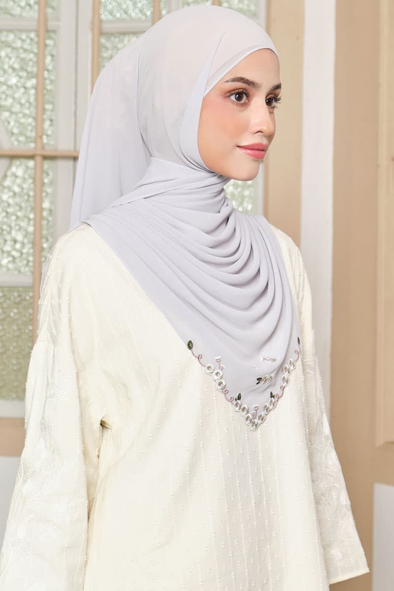 Thalya Embroidered Chiffon Headscarf - Light Grey - Image 2