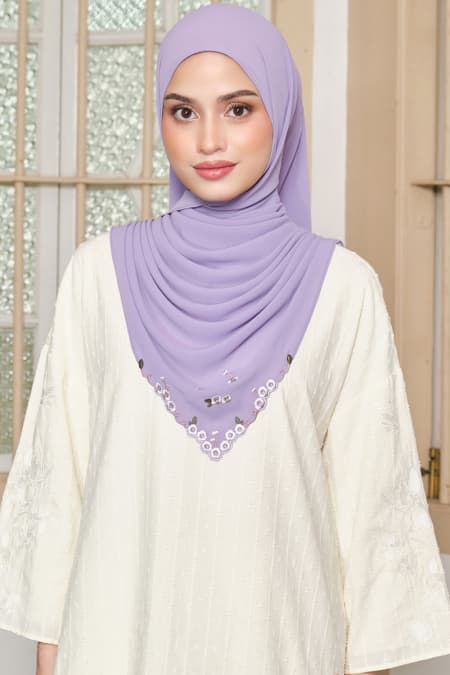 Thalya Embroidered Chiffon Headscarf - Dusty Lavender